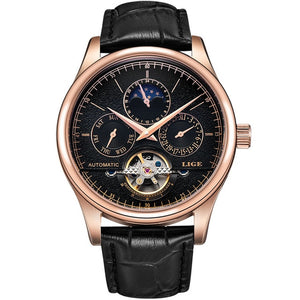 LIGE Brand Men Watches Automatic Mechanical Watch Tourbillon Sport Clock Casual Leather Business Wrist Watch Gold Relojes Hombre