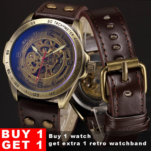 Skeleton Mechanical Watch Automatic Watch Men Steampunk Bronze Transparent Mens Automatic Mechanical Watches Clock montre homme