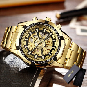 Skeleton Automatic Mechanical Watch Winner Gold Men Watches Stainless Steel Bracelet Sports Luxury Male Clock Chinese Wristwatch