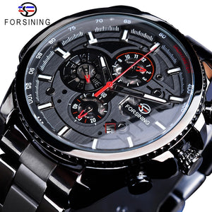 Forsining Three Dial Calendar Display Black Stainless Steel Men Automatic Wrist Watch Top Brand Luxury Military Sport Male Clock